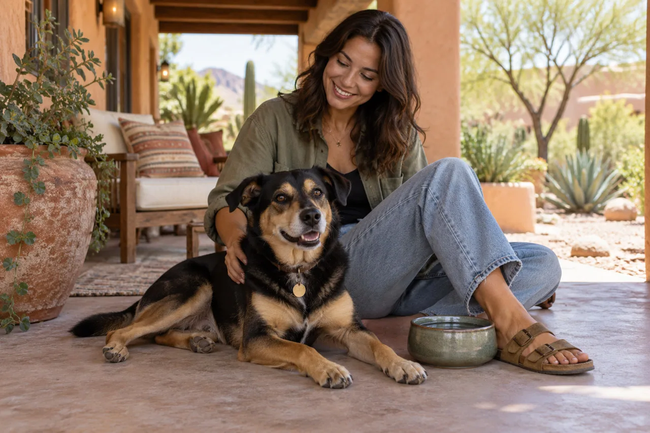 Woman and black-and-tan dog resting beside a water bowl in a shaded courtyard