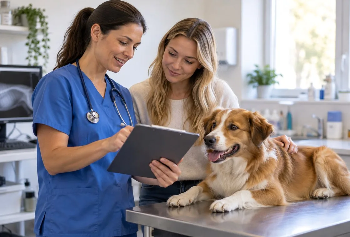 Veterinarian discussing tablet with owner beside golden-colored dog on examination table